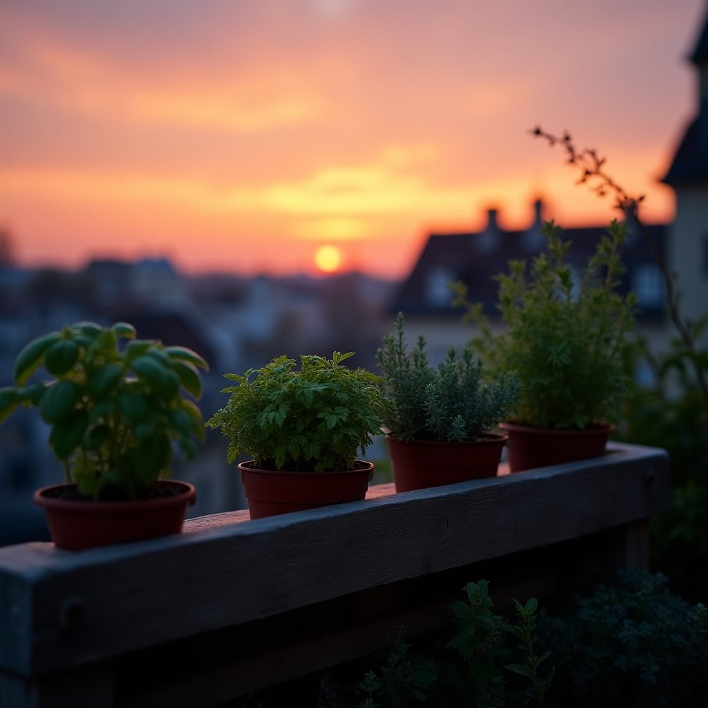Kräuterbeet auf einer Dachterrasse in Wien am Abend