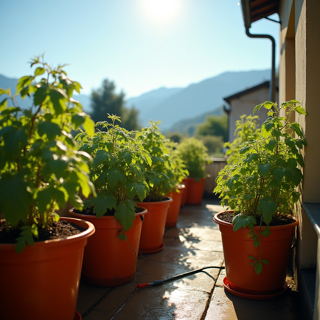 Tomatenpflanzen in großen Kübeln auf einer Salzburger Dachterrasse im Sommer