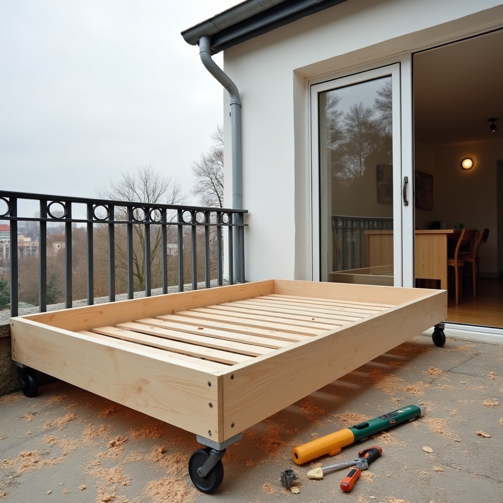 Selbstgebautes Hochbeet aus Lärchenholz auf einem Wiener Balkon