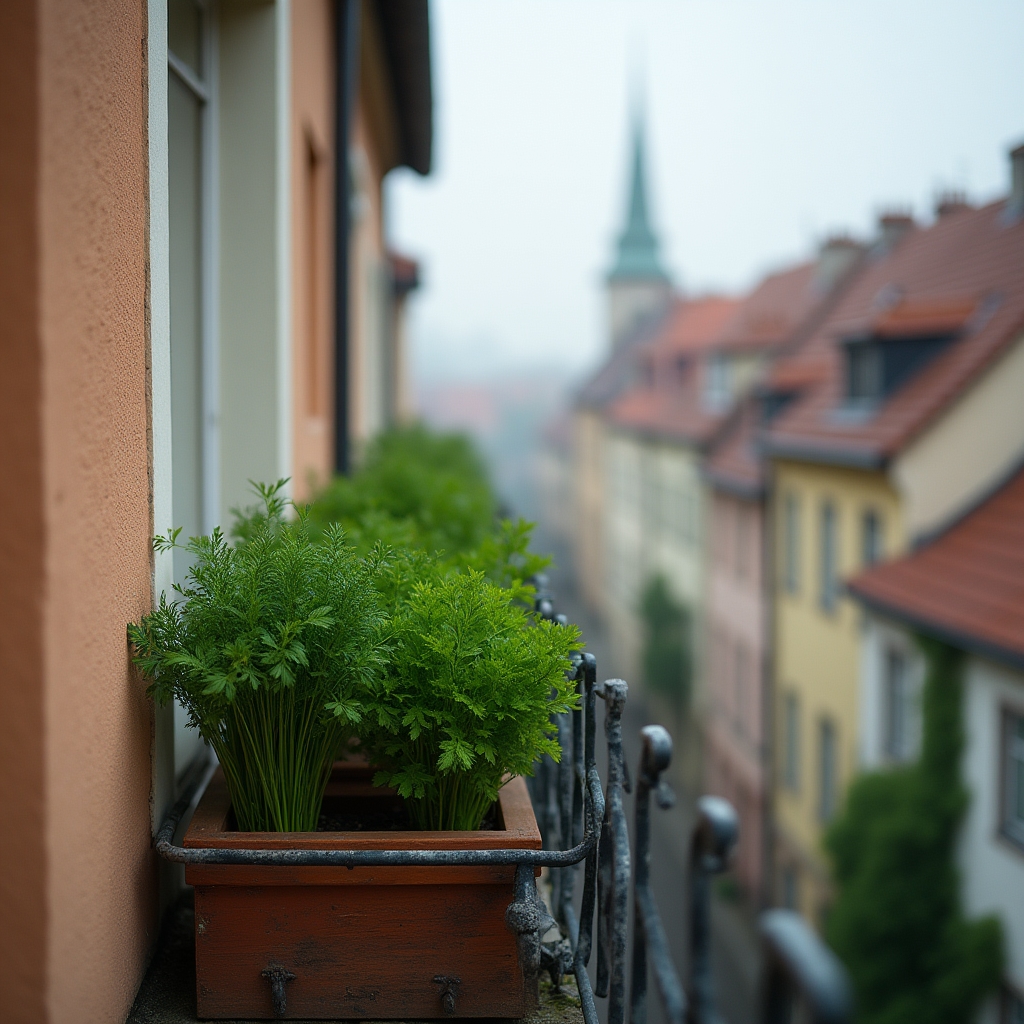 Nordbalkon in Graz mit Kräutertöpfen und Sichtschutz aus Holzlatten