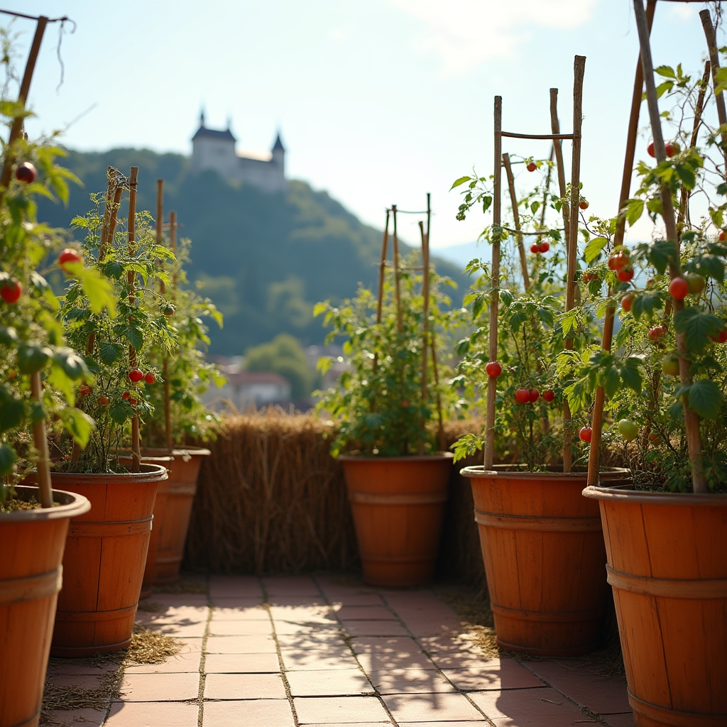 Tomatenkübel auf einer windexponierten Dachterrasse in Salzburg